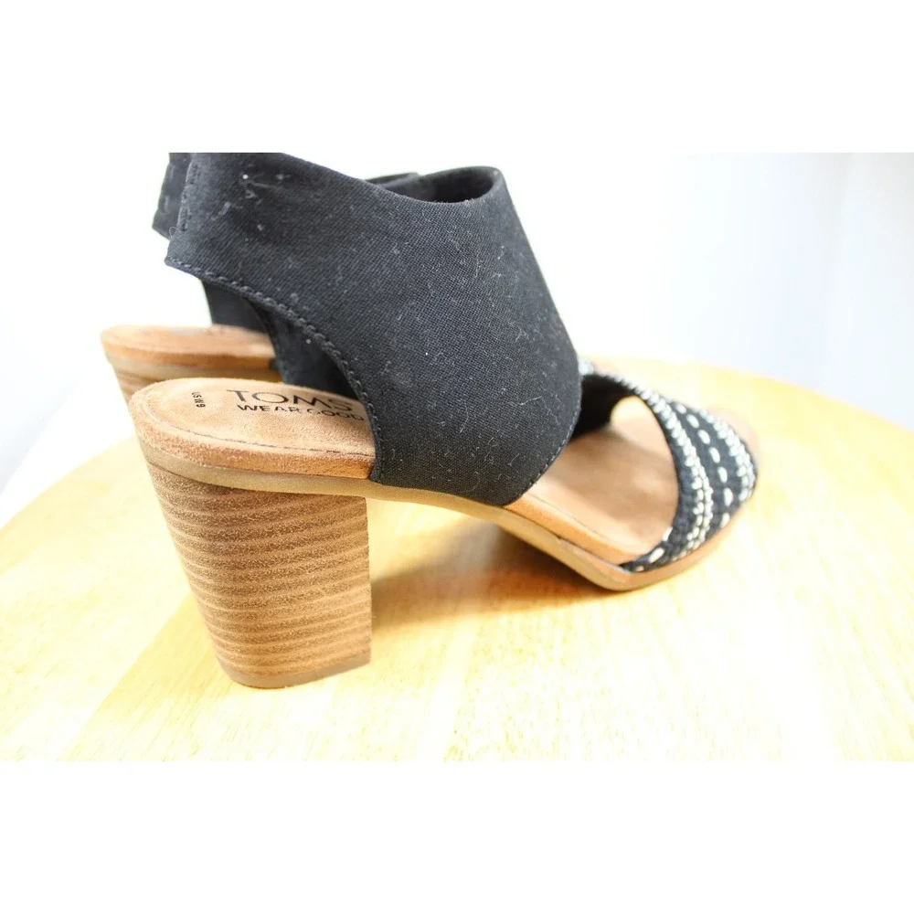 Toms Womens Heeled Sandals Size 9 Black Woven Ankle Strap Block Heel Open Toe